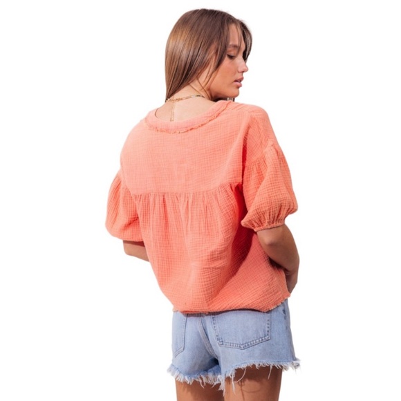 Coral Double Gauze Gathered V Neck Washed Babydoll Top - Picture 4 of 5